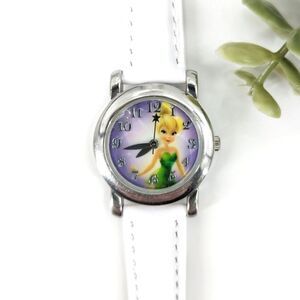 Disney Tinkerbell Watch Silver Purple New White Leather Band Runs